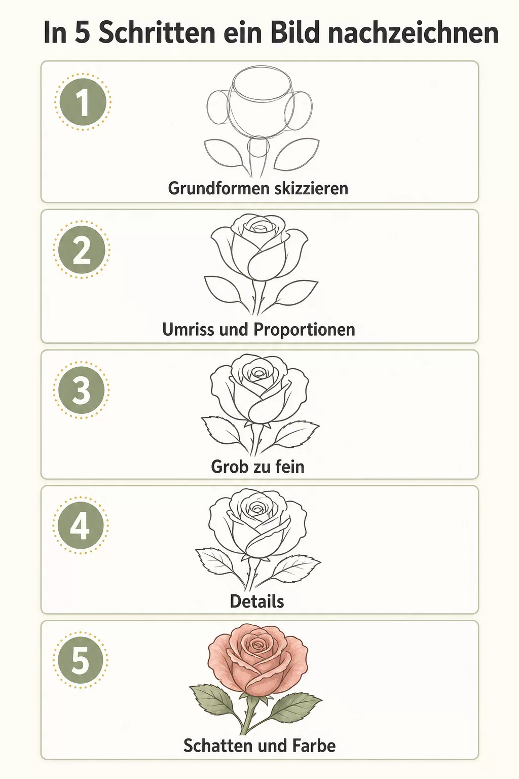 Infografik mit fünf Schritten zum Nachzeichnen von Grundform bis Farbe
