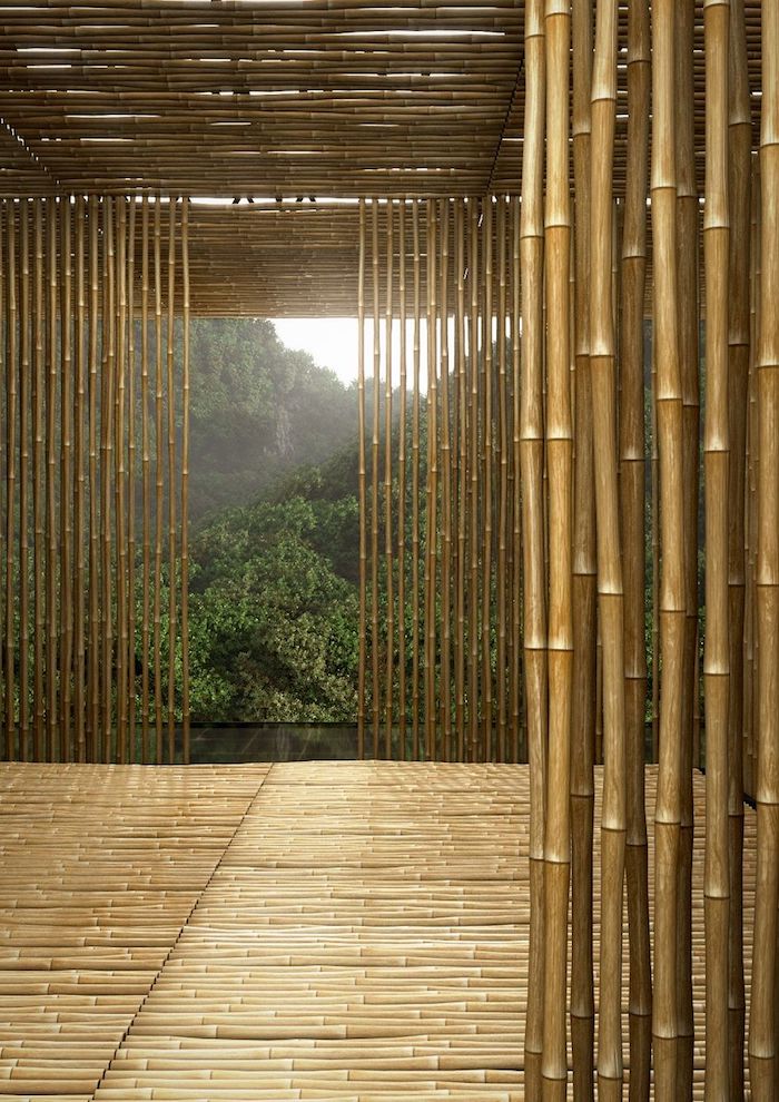 einen sichtschutz aus vielen braunen und langen bambus stäben selber bauen, ein garten mit grünen bäumen, garten sichtschutz selber bauen
