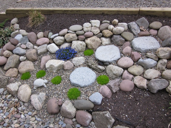 kleiner steingarten bilder, graue, weiße und beige steine für steingarten, kleine violette blumen mit grünen blättern, pflanzen für steingarten