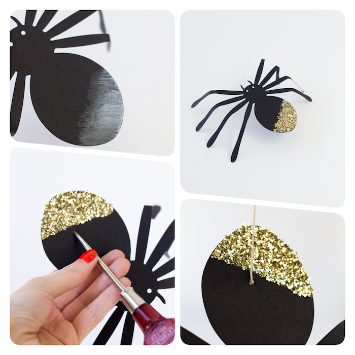 Gruselige Halloween Deko selber machen, Spinnen aus Papier schneiden, mit goldenem Glitter verzieren