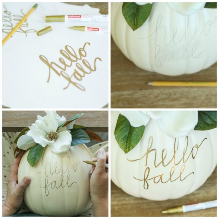 vase selber machen, halloween deko basteln, weißer kürbis mit goldenem farbstift dekorieren