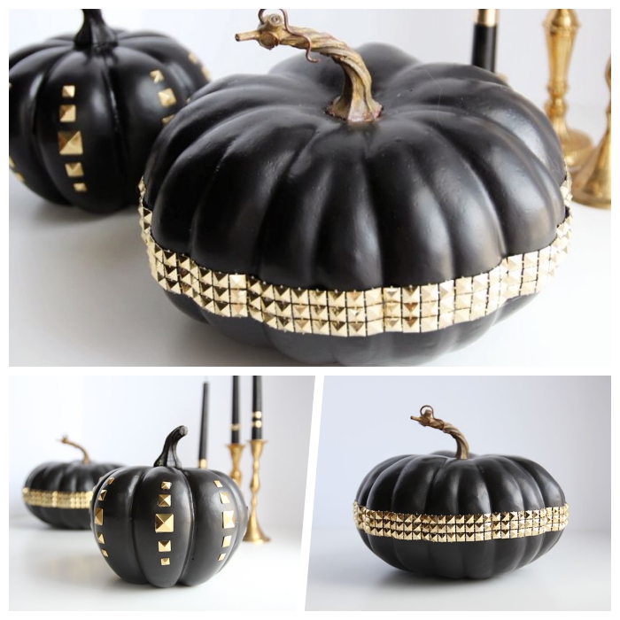 halloween deko basteln, schwarze kürbisse dekorierne mit goldenen strasssteinen