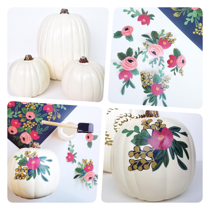 Kürbis zu Halloween mit Decoupage Technik dekorieren, mit weißer Acrylfarbe grundieren, mit Blumenmuster bekleben