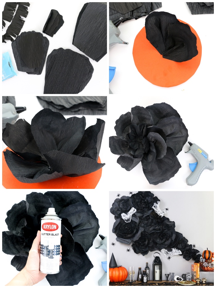 halloween deko ideen, papierblumen basteln aus schwarzem seidenpapier, wanddeko selber machen