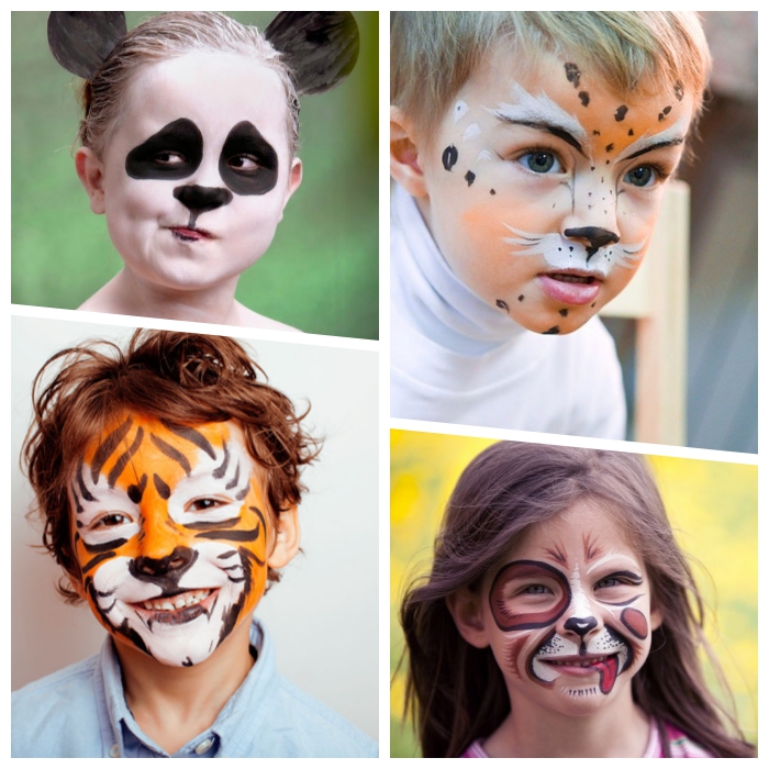 halloween kinderschminken, panda make up, bengalischer tiger, hund, schminkideen