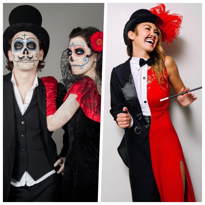 halloween kostüm ideen, make up, frau mit kled und anzug, rote blume, mexikanische totenköpfe