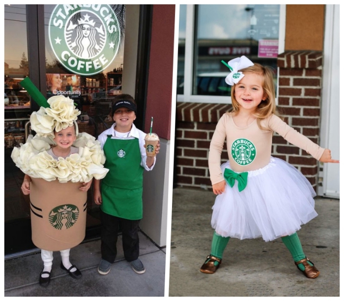 halloween kostüm ideen für kinder, star bucks kaffee, late, weißer rock aus tüll, große schleife