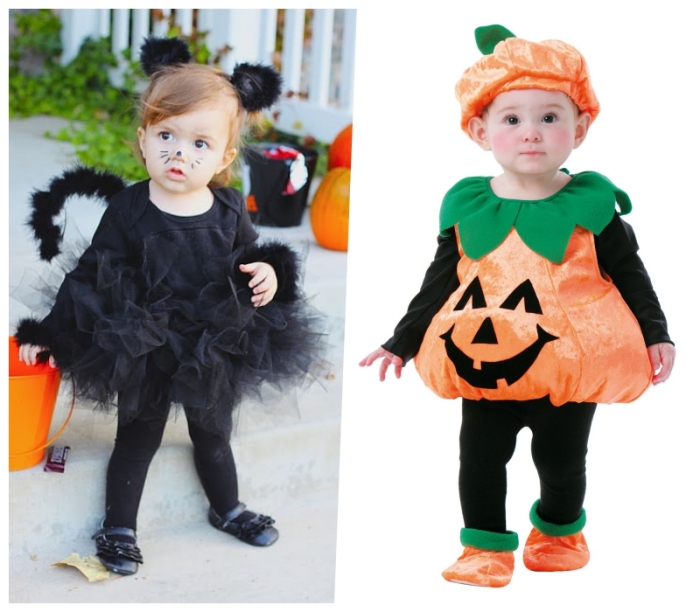halloween kostüm ideen für kleine kinde,r zwei kleine mädchen, schwarzer rock aus tüll, kürbis