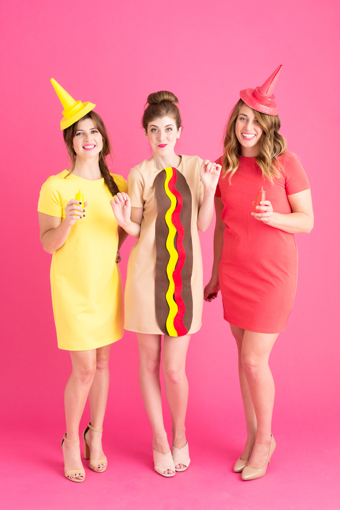 Last Minute Halloween Kostüme für drei Freundinnen, Hot Dog, Senf und Ketchup, lustige Halloween Kostüme