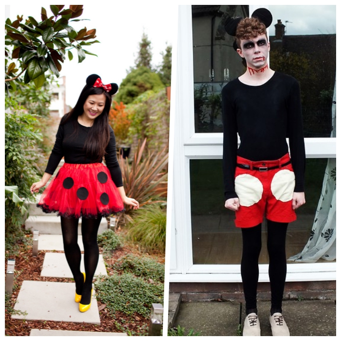  halloween kostüm ideen, minnie und micky mouse, roter rock mit schwaryen punkten, runde schwarye ohren
