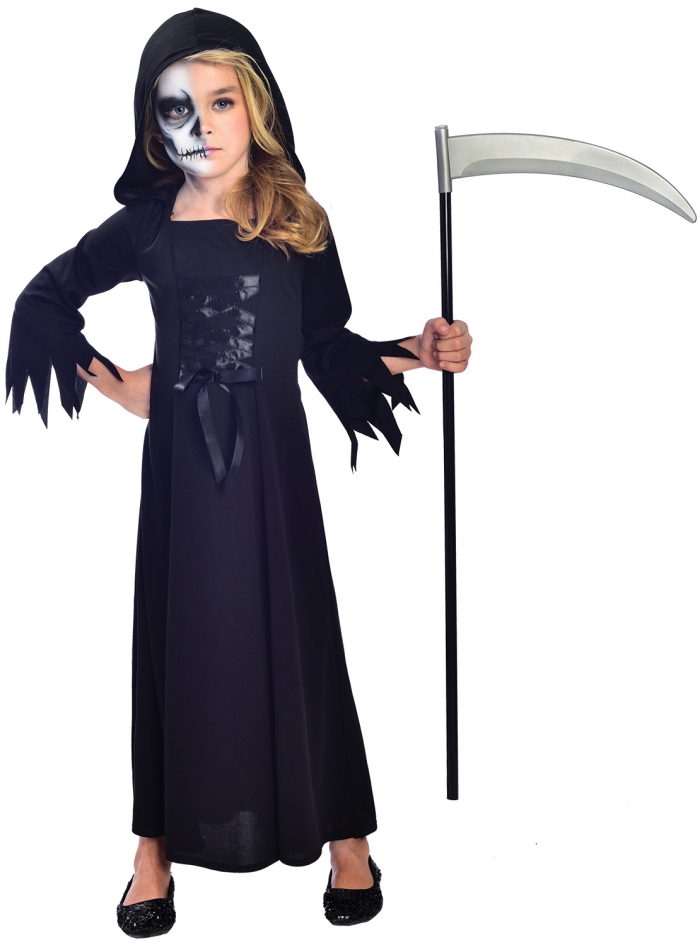 halloween kostüm mädchen, der sensemann, sensemädchen make up, schwarzer kleid