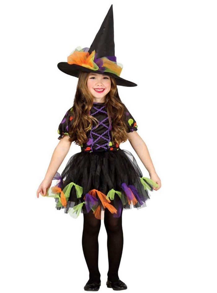 halloween kostüm mädchen, hexen kostüm in schwarz, orange und lila, shcleifen aus tüll, großer hut