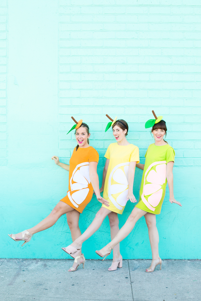 Lustige Halloween Kostüme für drei Freundinnen, Last Minute Apfel Kostüme selber nähen