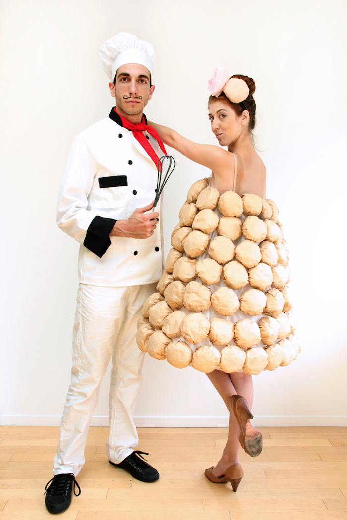 Lustige Halloween Kostüme für Paare, französischer Koch und Windbeutel-Pyramide