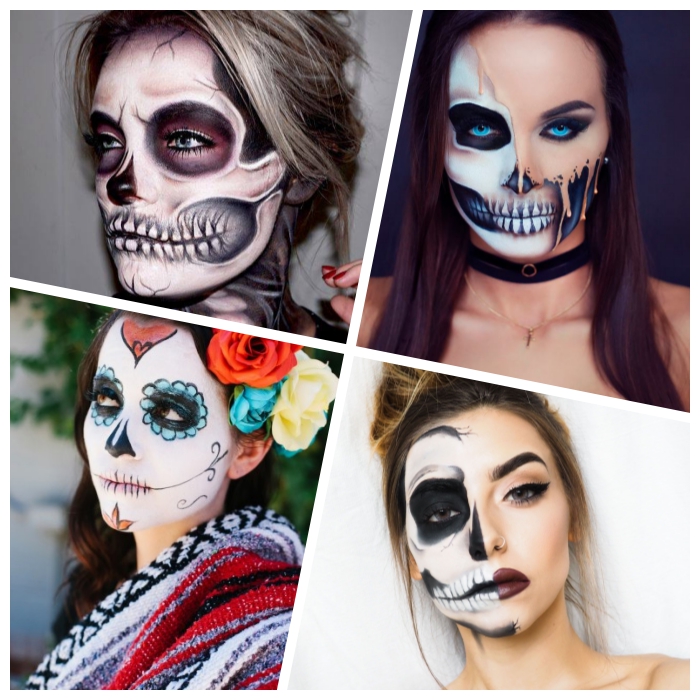 halloween schminken frauen, make up ideen, mexikanischer totenkopf, halber schädel, realitisch