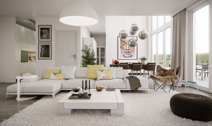 haus einrichten, wohnzimmer in weiß, große pendellampe, gelbe und mitnfarbene dekokissen, flauschiger teppich