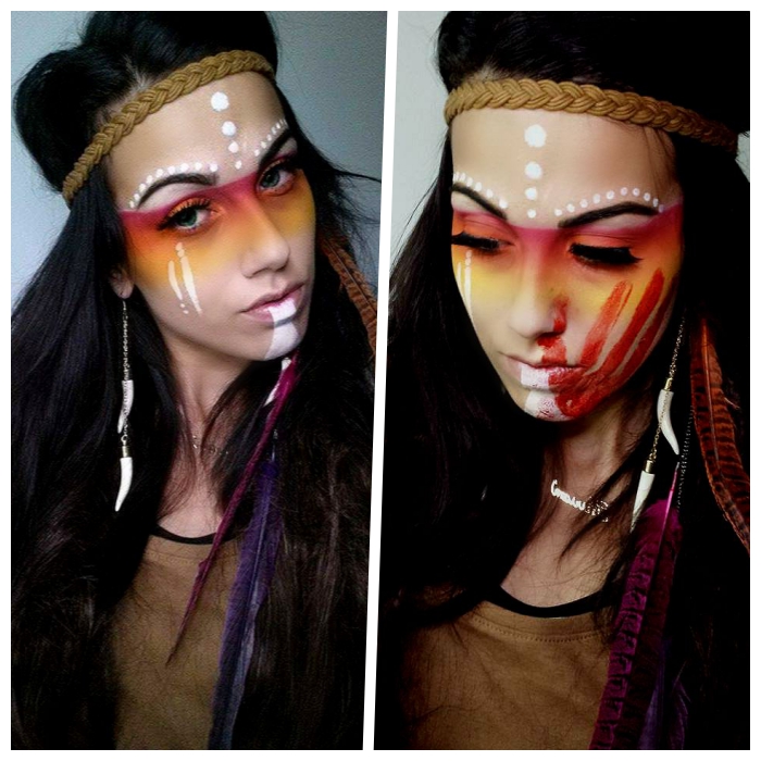 indiander schminke in rot, orange und weiß, große feder, geflochtenes kopfband 
