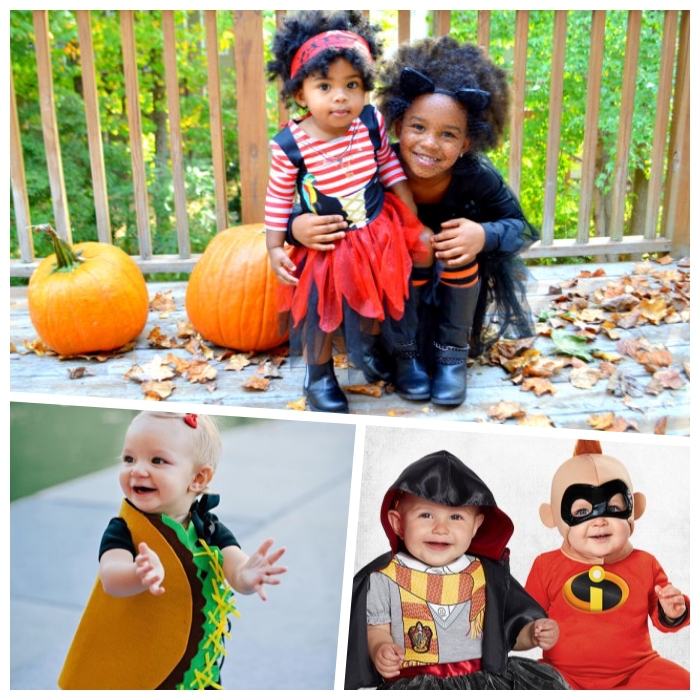 kostüme kinder halloween, geschwister komstüme ideen, kleid mädchen maskiert als taco