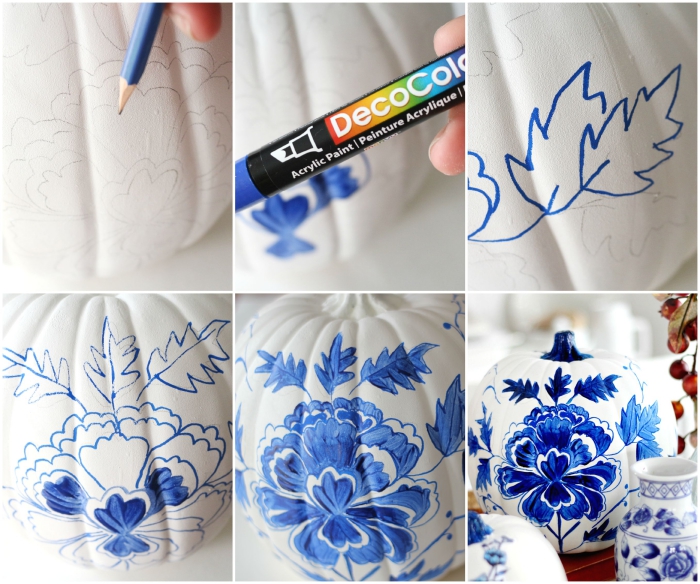 kürbis malen, florale motive mit bleistift zeichnen, blumen blau färben, tischdeko