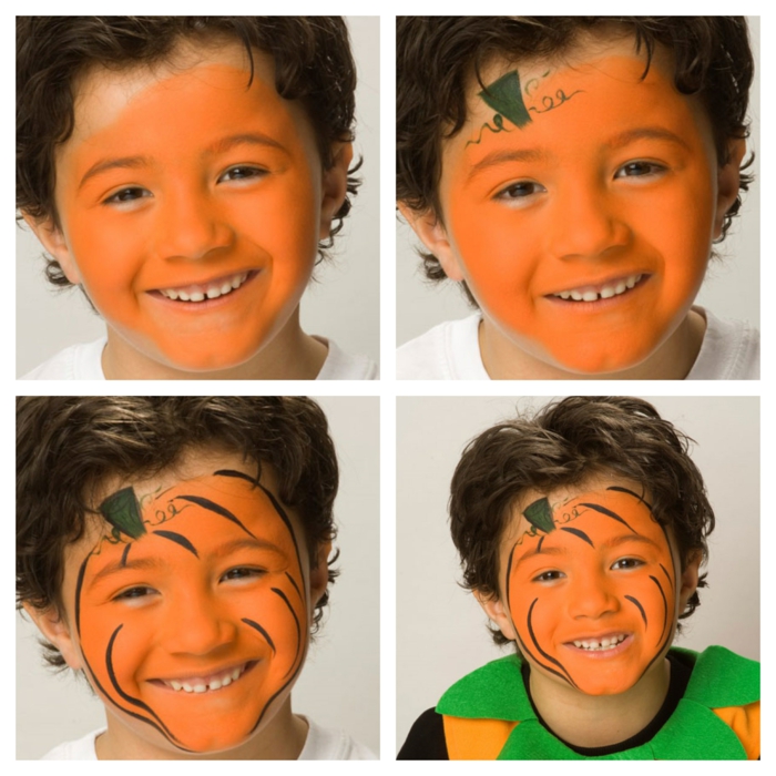 ein Collage aus vier Fotos mit geschminktem Gesicht von dem Jungen als ein Kürbis, Halloween Kinderschminken