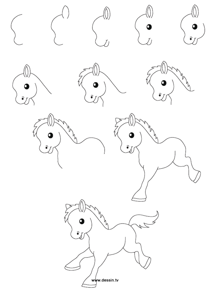 Wie zeichnet man ein Pony, Anleitung in zehn Schritten für Kinder, leichte Zeichnungen 