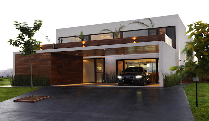 stadtvilla mit garage, ein modernes haus in der stadt, stadtrand häuser gestaltung, luxusauto in der garage