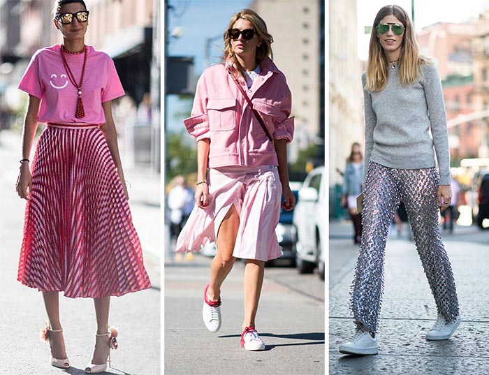 80er style pinke outfits, tshirts, sandalen, sneakers, glitter hose, brille, rosa jacke