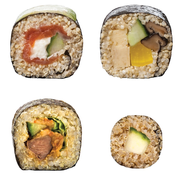 was ist quinoa sushi, hier vier varianten mit quinoa anstelle von reis, avocado, lachs, gurken