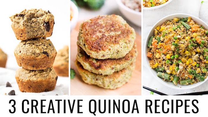 drei kreative quinoa rezepte, muffins, frikadellen, salat rezept mit petersilie und erbsen