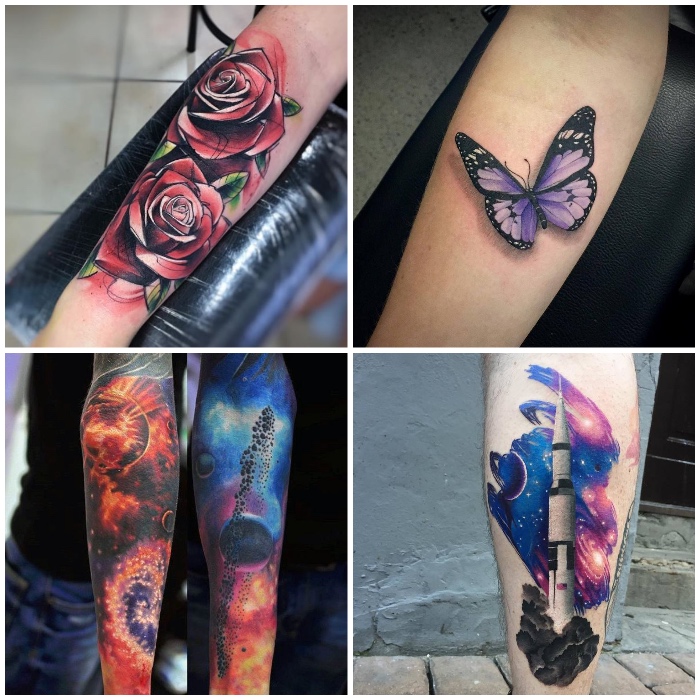 schmetterling tattoo 3d, rote rosen, kosmos, planeten, farbige tätowierungen, collage