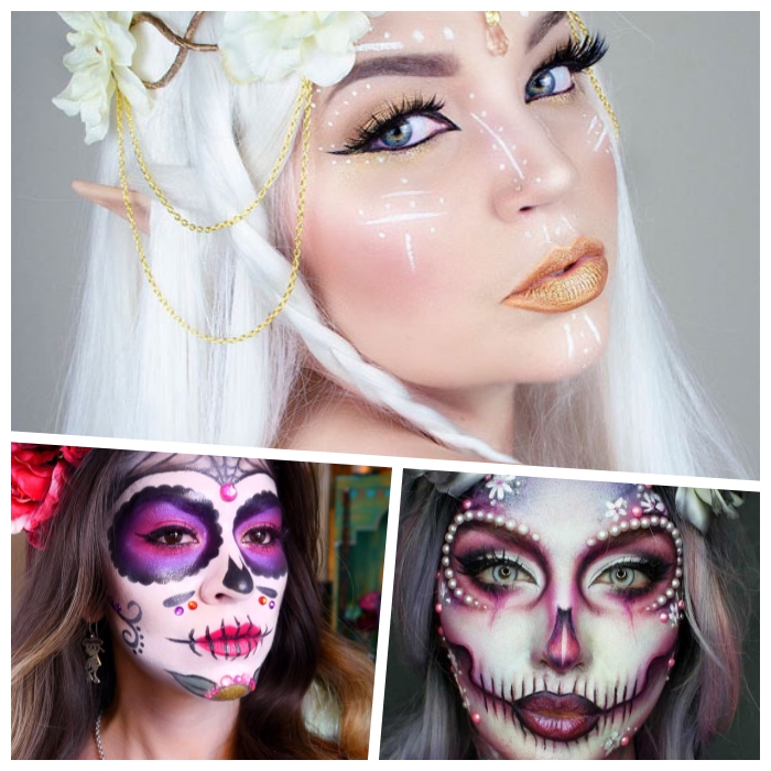 silberne haare, elfe make up, schminken halloween, goldener lippenstift, mexikanischer totenkopf