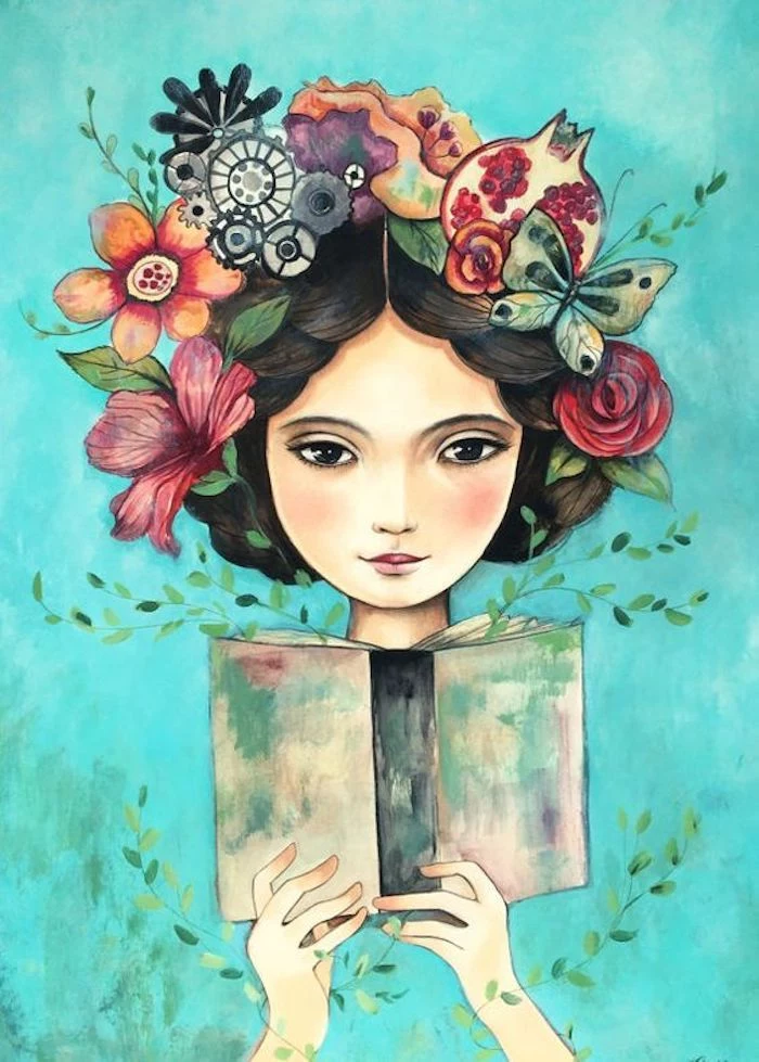 Frau mit Blumen, Früchten und Schmetterlingen im Haar hält Buch, schönes Bild zum Nachmalen