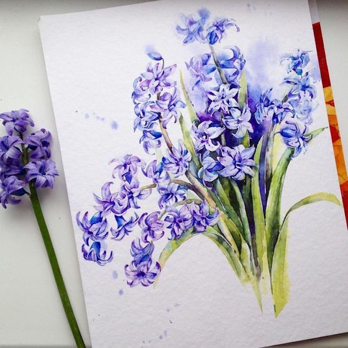 Hyazinthe zeichnen mit Aquarellfarben, Blumenstrauß malen, schönes Bild zum Nachmalen