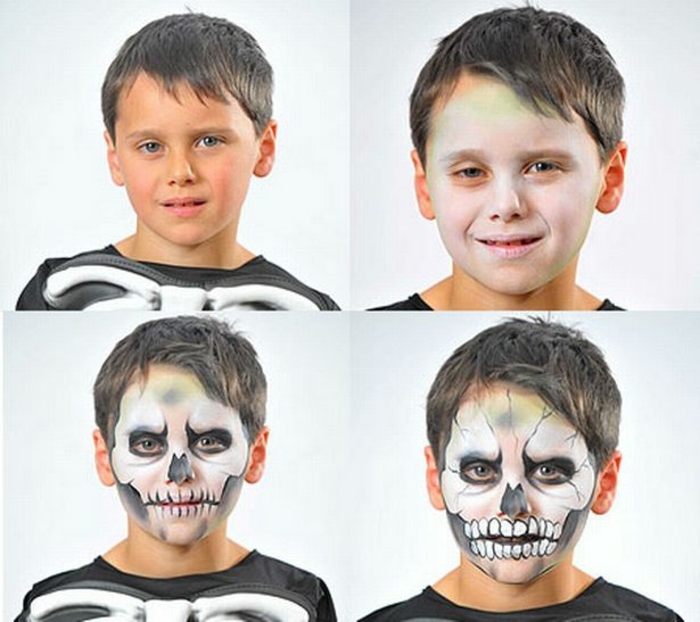 ein Junge wie Skelett schminken, gruselige Schminken zu Halloween in vier Schritten