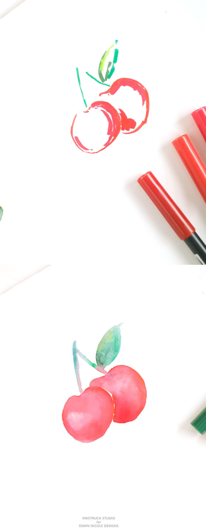 Wie zeichnet man Kirschen mit Filzstiften und Aquarellfarben, Anleitungen für Anfänger