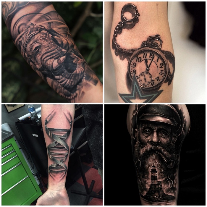 tattoo 3d, schwarz graue tätowierungen, mann mit langem bart, indischen elefant, uhr mit stern