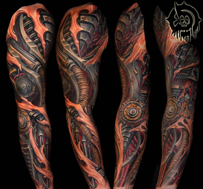 tattoo bilder arm, farbiges sleeve tattoo mit maschinenteilen als motiven, cyborg 