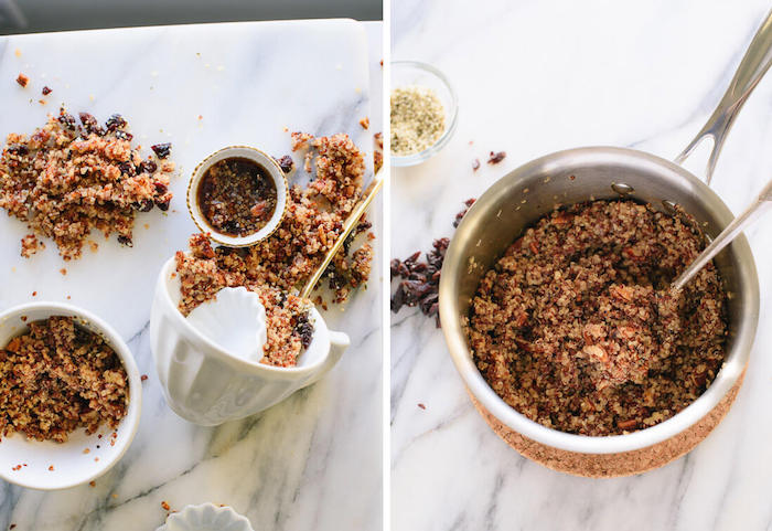 gerichte mit quinoa, schüssel ideen müsli, schokolade, marmor tisch 
