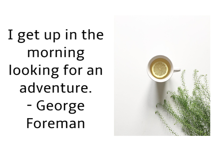 bild mit einem guten morten spruch, weißer tisch und kleine weiße tasse mit tee mit einer gelben zitrone und mit vielen grünen pflanzen mit grünen blättern, guten morgen spr´che zum nachdenken