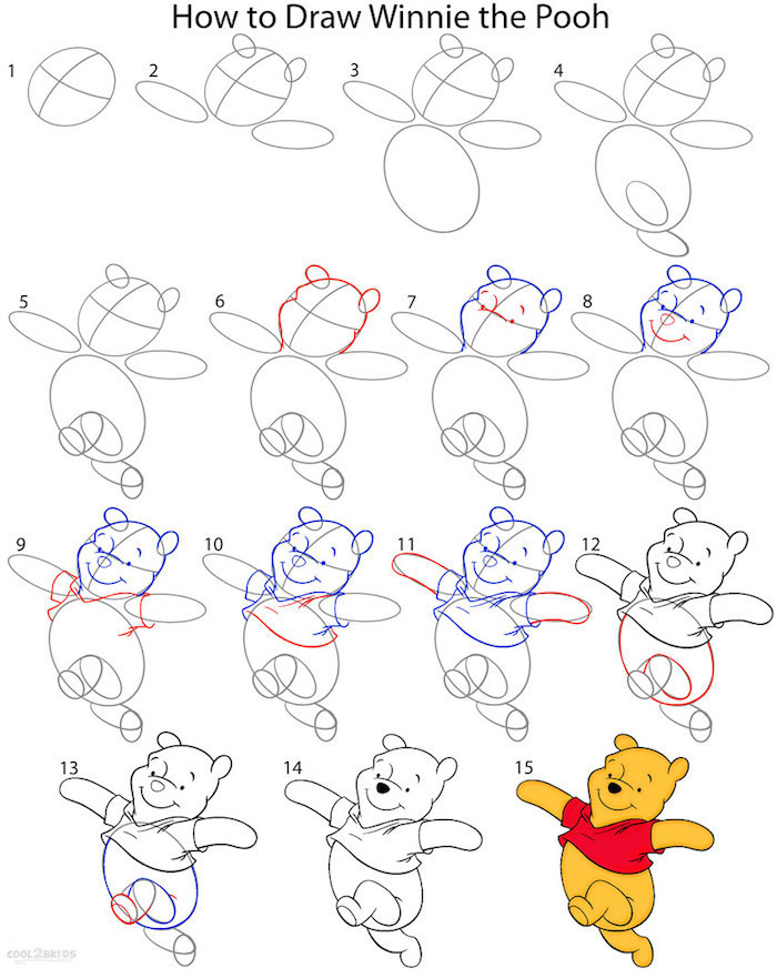 Wie zeichnet man Pu den Bären, ausführliche Anleitung in fünfzehn Schritten für Anfänger