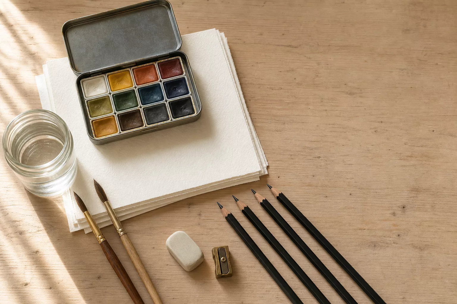 Material-Flatlay: Aquarellpapier, Farbkasten, Bleistifte und Naturhaarpinsel
