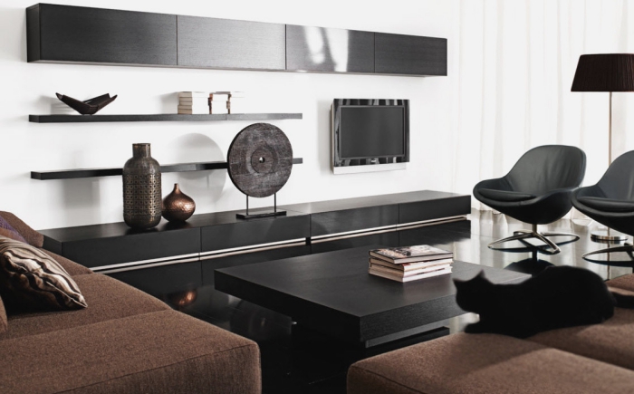 zimmer deko in schwarz und kupfer, moderne möbel, wohnzimmer gestalten, vasen
