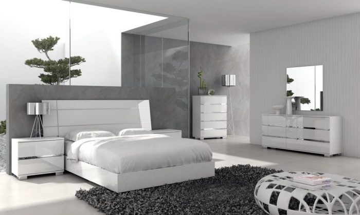 moderne schlafzimmermöbel in weiß, zimmer ideen, graue wände, flauschiger teppich