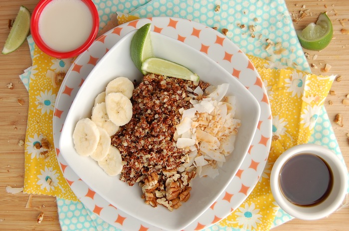 quinoa rog essen, in wasser für eine nacht lassen am morgen damit frühstücken, kaffee, banane, zitrone