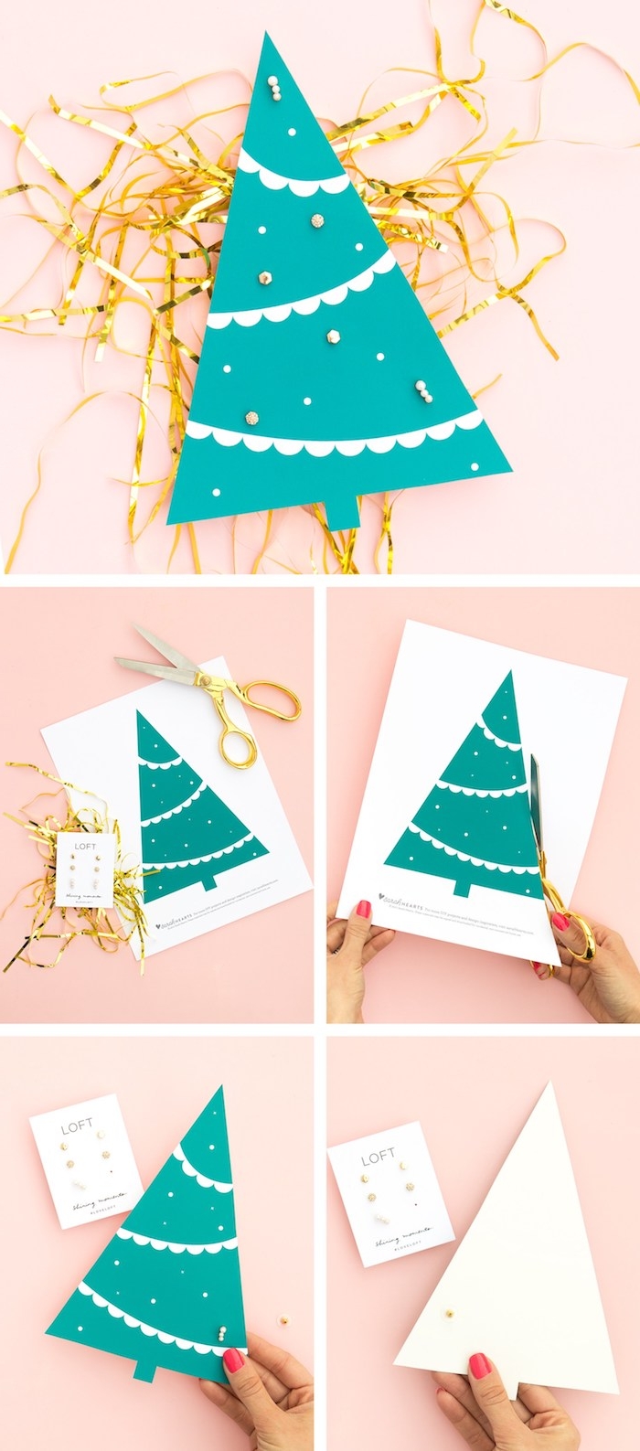 Kleines Christbäumchen aus Papier ausschneiden, Ohrringe darin stechen, tolle Idee für Weihnachtsgeschenk 