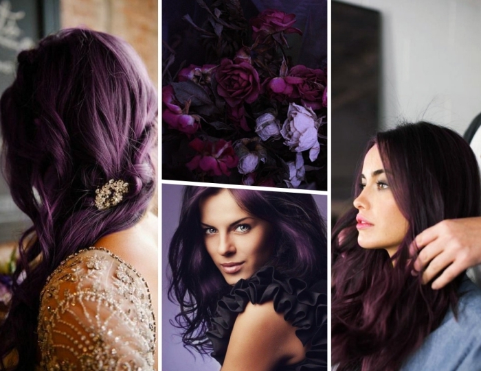 bunte haarfarben ideen und gestaltungen, collage vier bilder, blumen pfingstrosen in lila und dunkelrosa, damenfrisuren, elegantes outfit