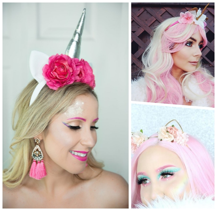 einhorn schminken tutorials, rosa haare, unicorn make up ideen, halloween kostüme