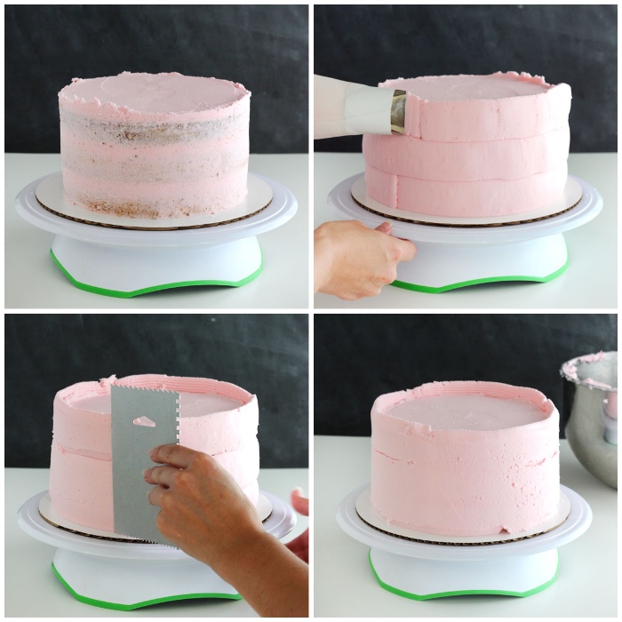 glasur selber machen, rosa buttercreme, kuchen dekorieren, torte mit creme einstreichen