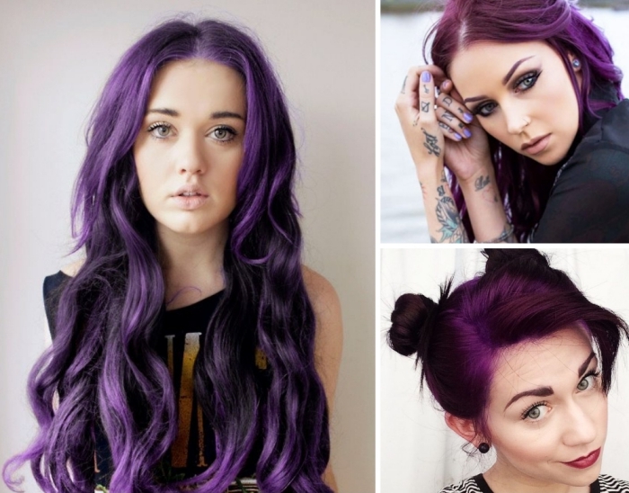 haarfarbe violett, pflaumenfarbene haare, langes haar in wellen gestalten, zwei kleine zöpfe 