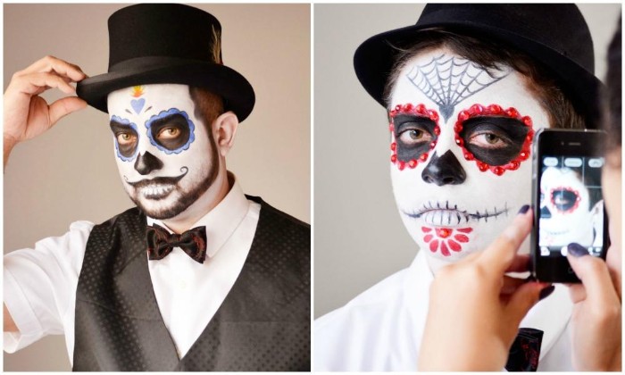 halloween make up einfach ideen mexikanischer totenkopf mit blumenmotive, schminke für kinder oder männer